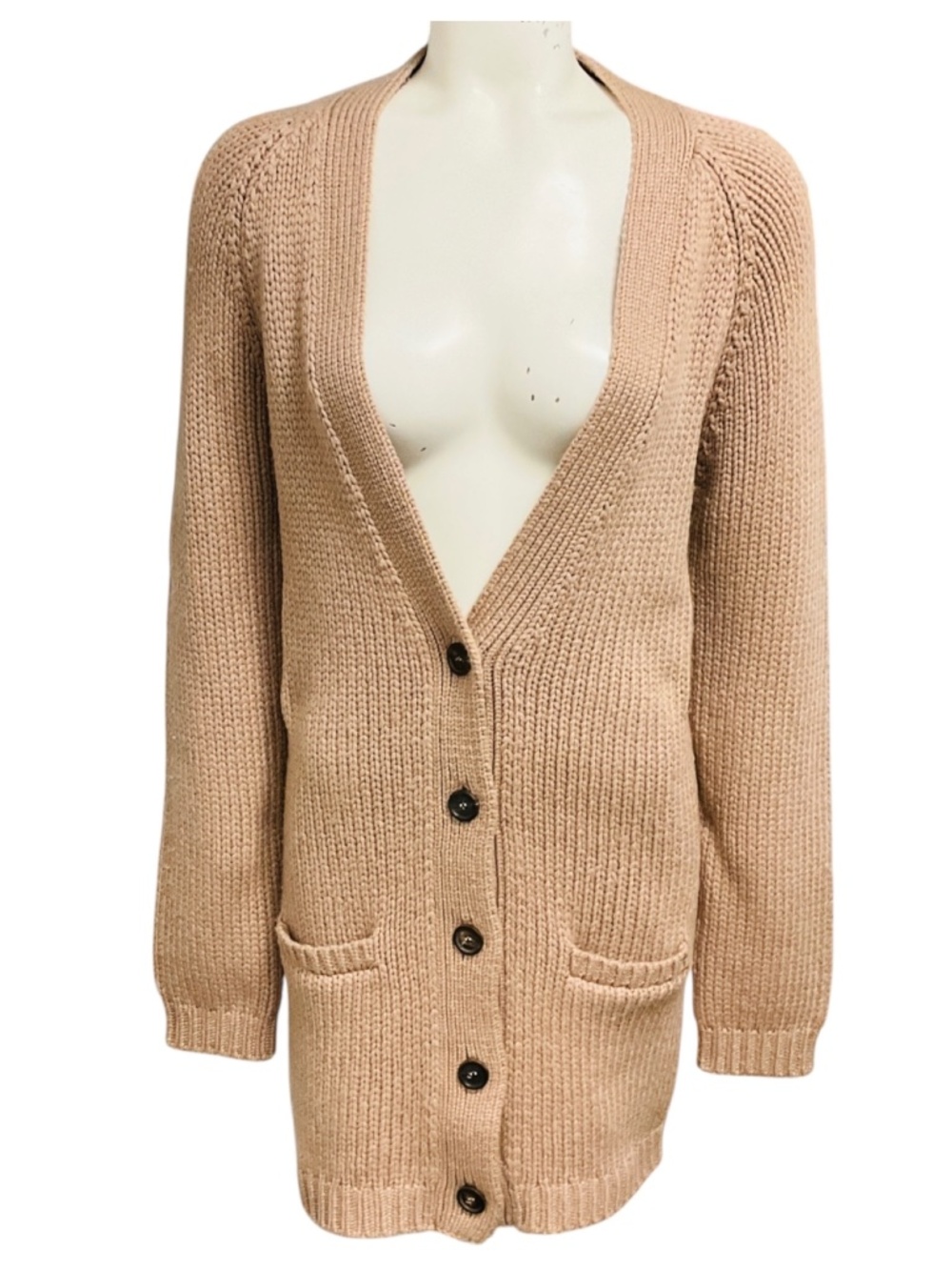 BRUNELLO CUCINELLI TAN BUTTON FRONT CASHMERE KNIT CARDIGAN SWEATER